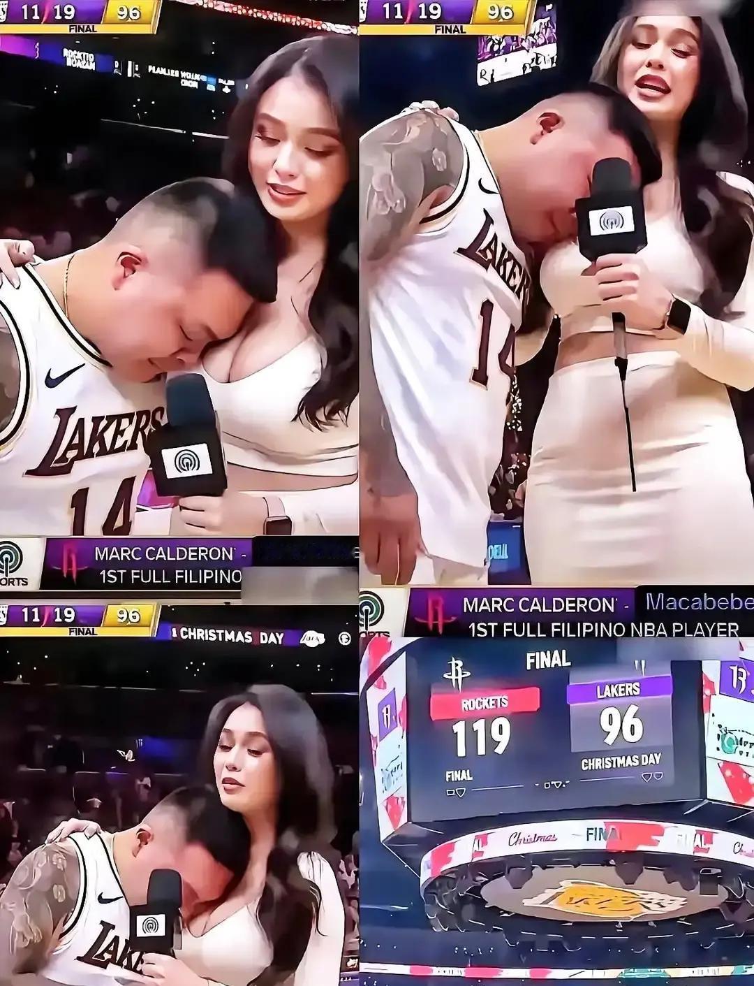 湖人球迷冲进球场那一下，全场懵。他直奔ESPN女记者Malika，镜头里脑