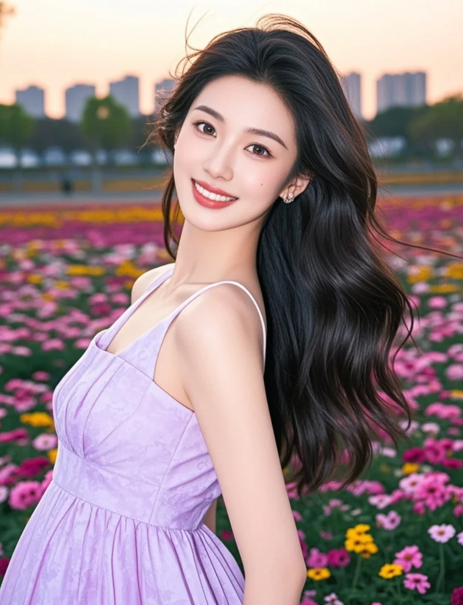 长发飘飘，笑容温婉，东方女孩的美是流动的画卷