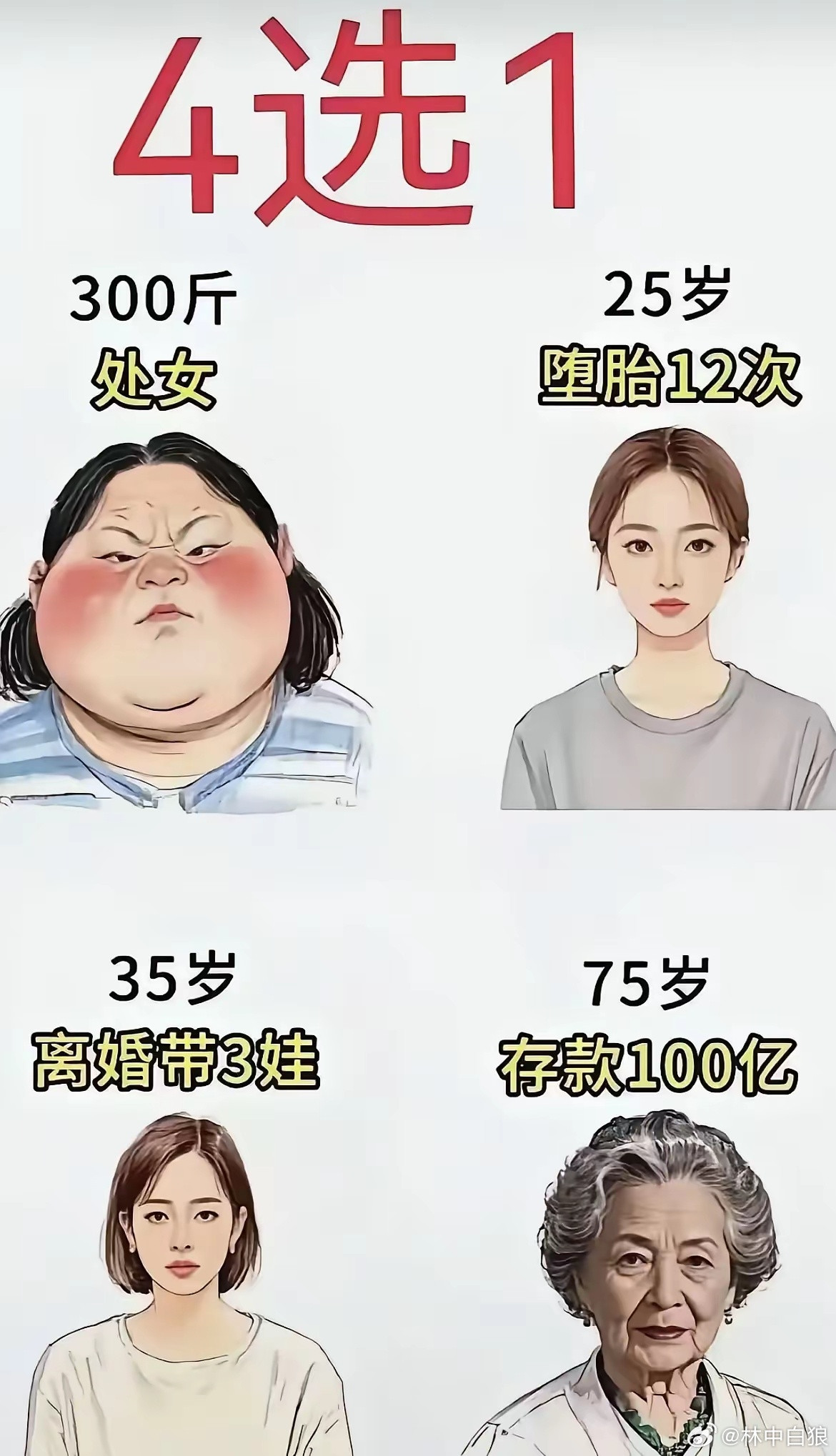 这是谁呀这么无聊，给广大未婚男青年搞的四选一。她们中有哪一位能看得上这些单身狗？