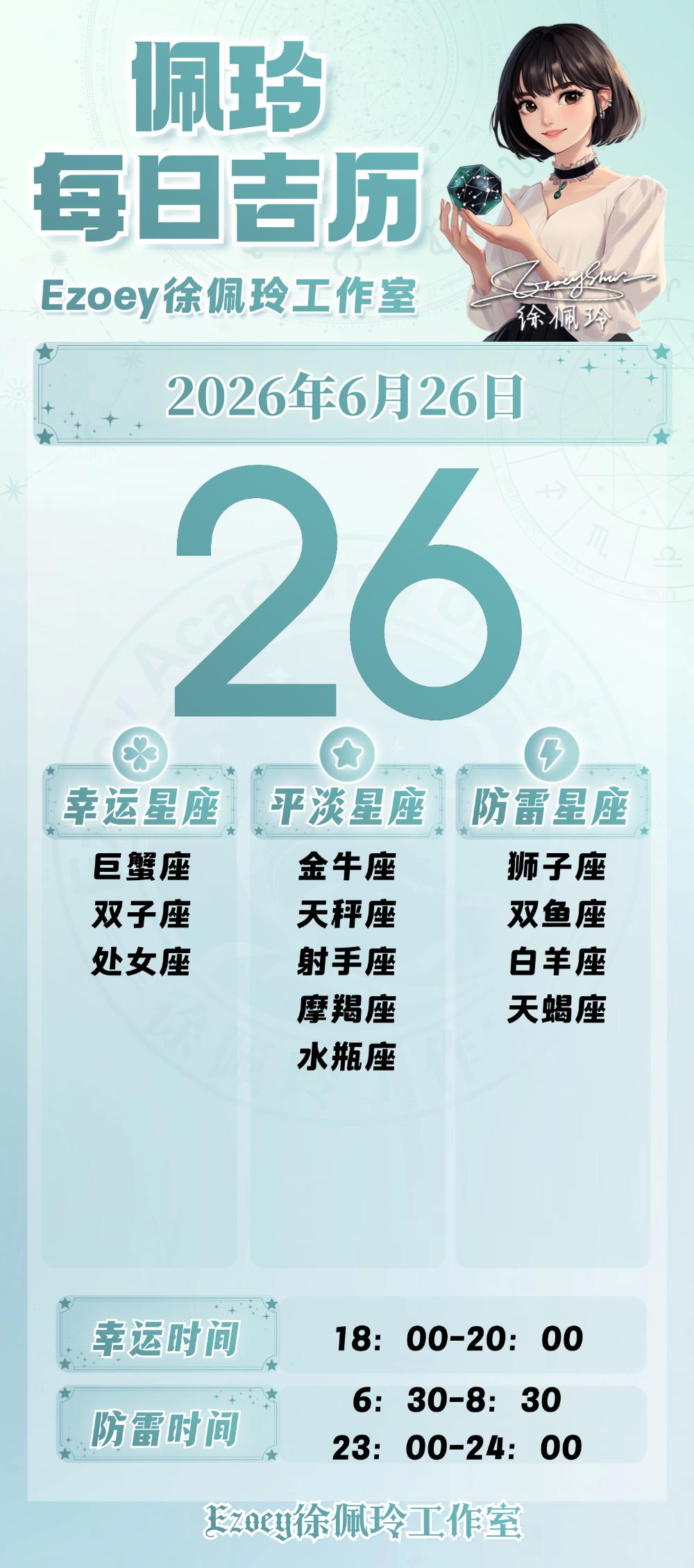 【6.26日播报】轻度提醒日幸运星星：巨蟹座、双子座、处女座——Ezoey徐
