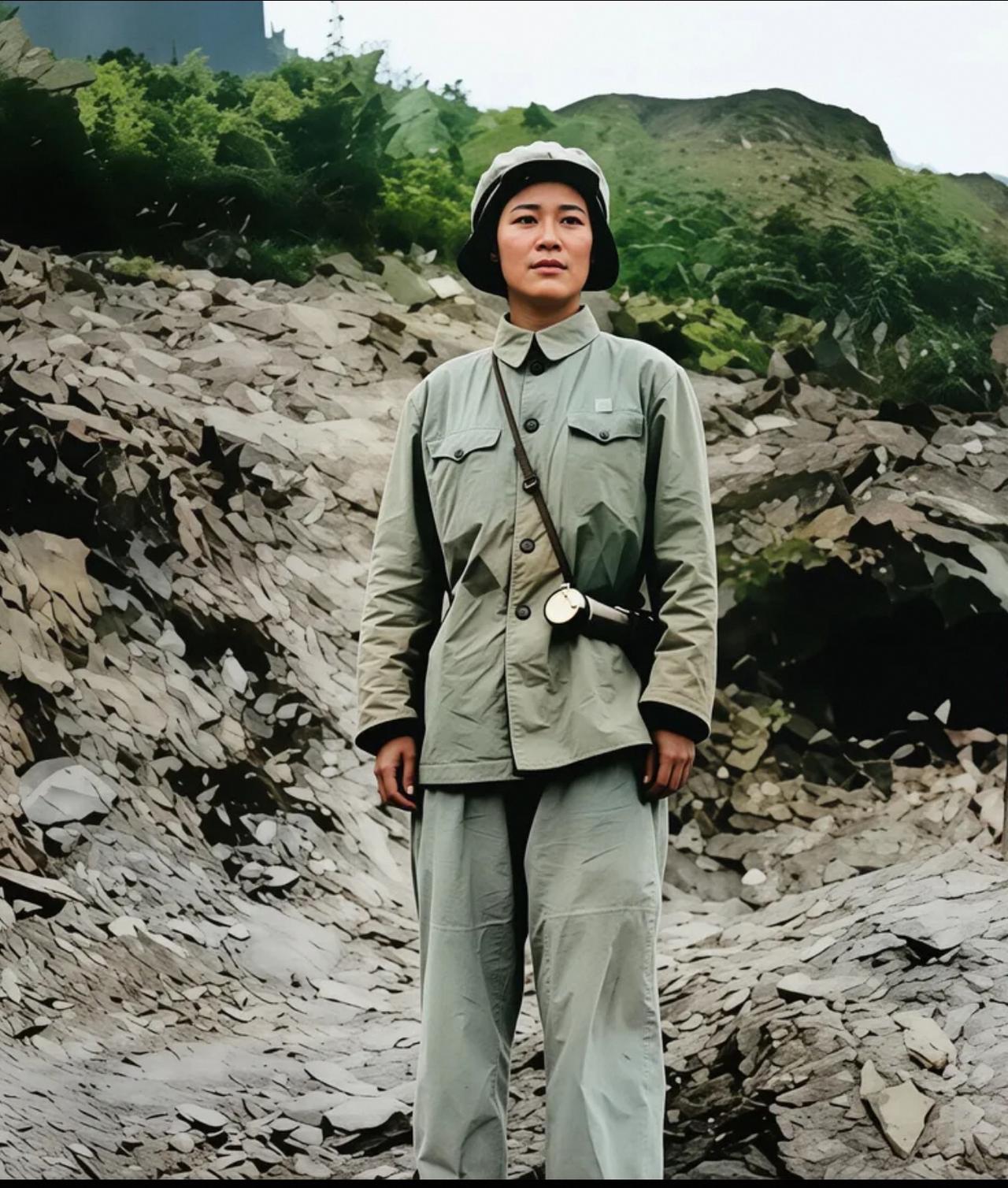 抗日名将戴安澜之女一张照片，拍摄朝鲜战场，身着军装，身材纤瘦
