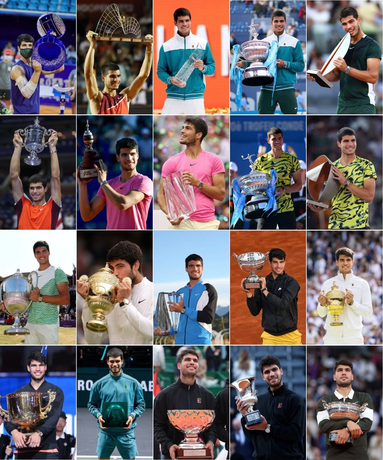 阿尔卡拉斯职业生涯20冠合集👇🎾大满贯*5法网（2024、2025）温网（2
