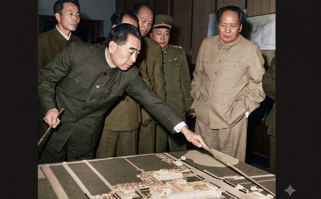 1958年底，时任国务院总理周恩来正手持指挥棒，神情专注地俯身指着沙盘模型，向身
