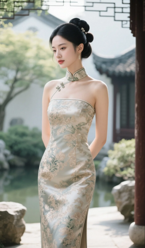 旗袍美眉执伞徐行，江南烟雨不及她媚
