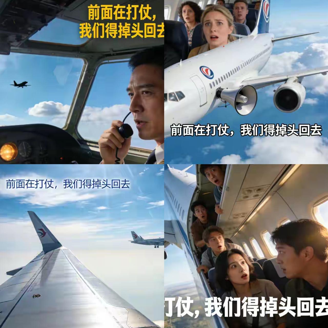 飞机正飞到一半，机长突然说：前面在打仗，我们得赶紧掉头回去！