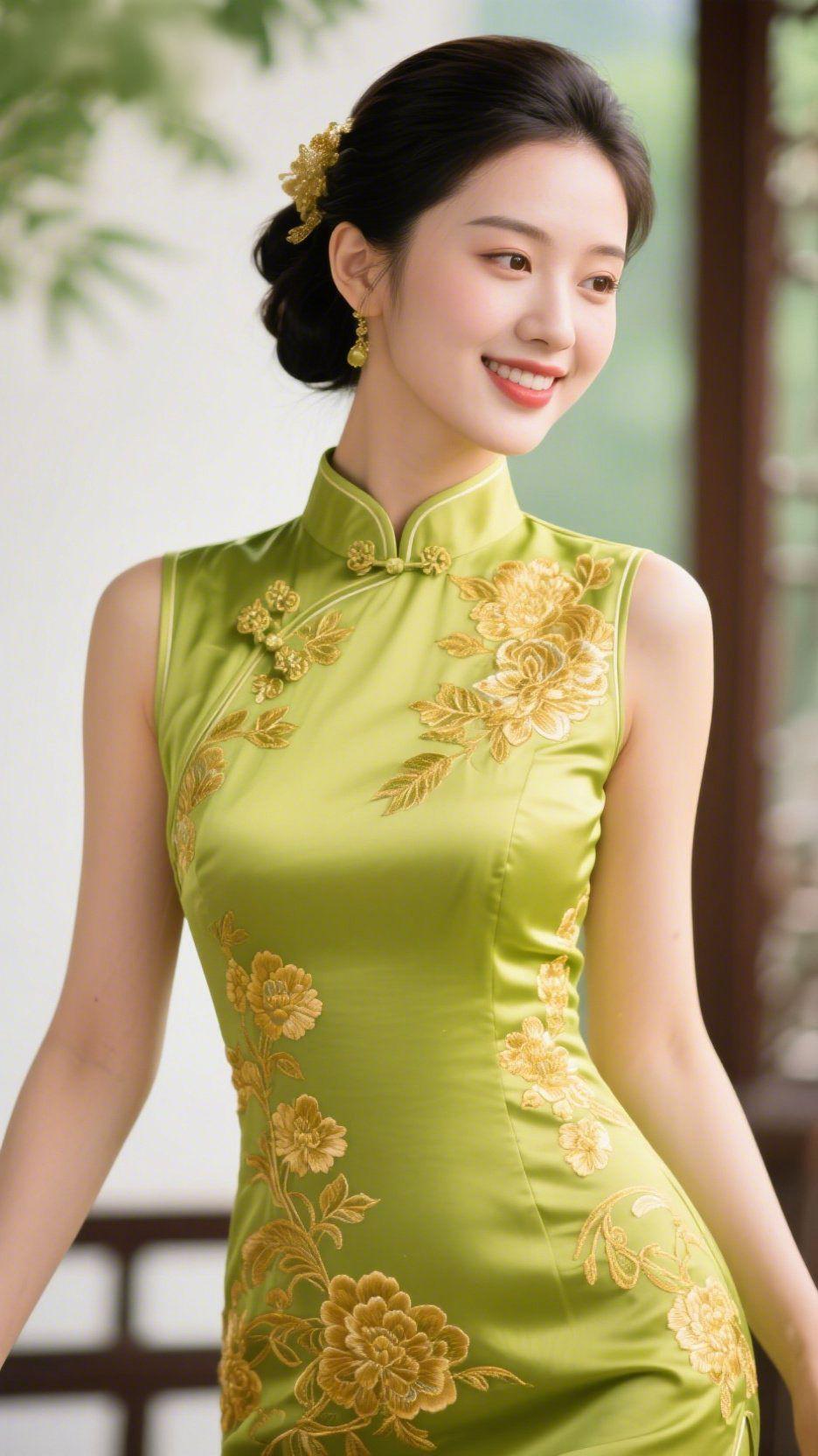 《雅室中的旗袍柔韵》浅窗透进的柔光裹着室间，她立在那里，葱绿旗袍浸着缎面的