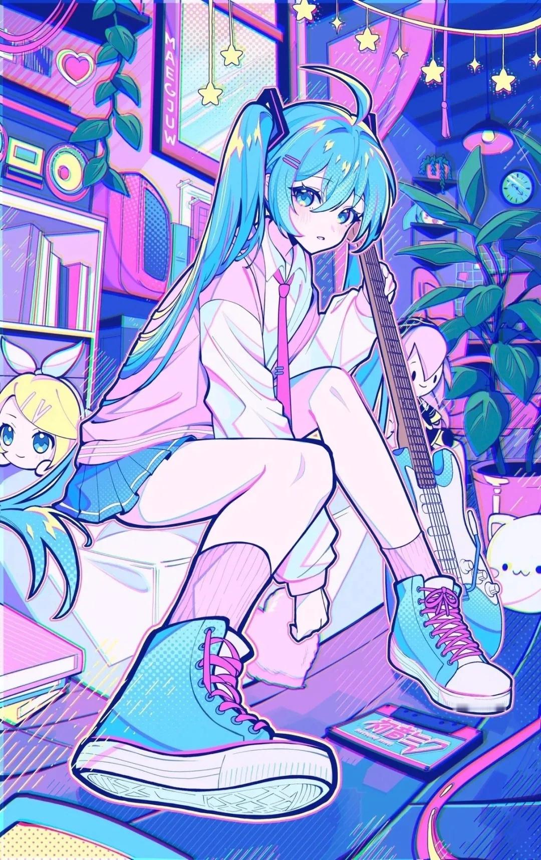 动漫‎初音未来日漫可爱的初音未来波普风格插画。三只松鼠在漫展请吃零食