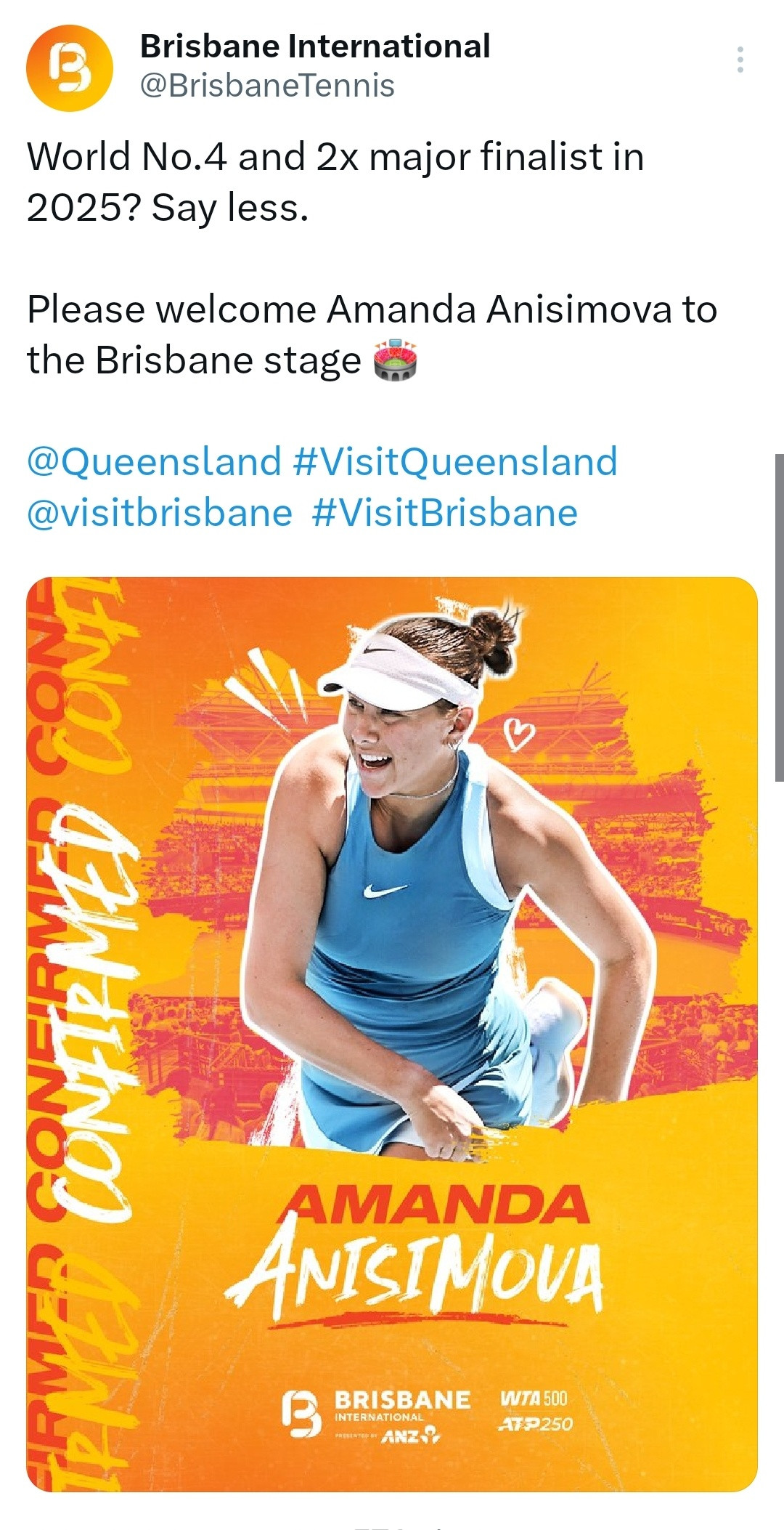 阿尼西莫娃确认出战布里斯班站✅目前有四位世界前十将在这项WTA500级别赛事开启