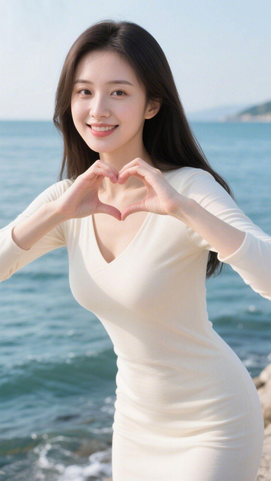 《海风里的暖意》海色铺展向天际时，她立在潮声边，米白裙衫像轻拢的云，裹着风