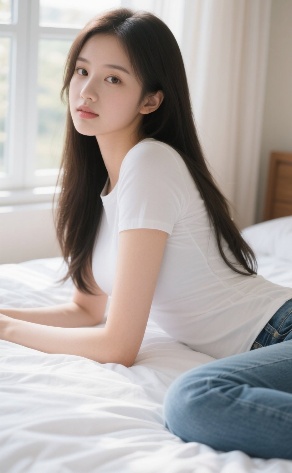气质佳人浅笑嫣然，牛仔裤尽显优雅风情