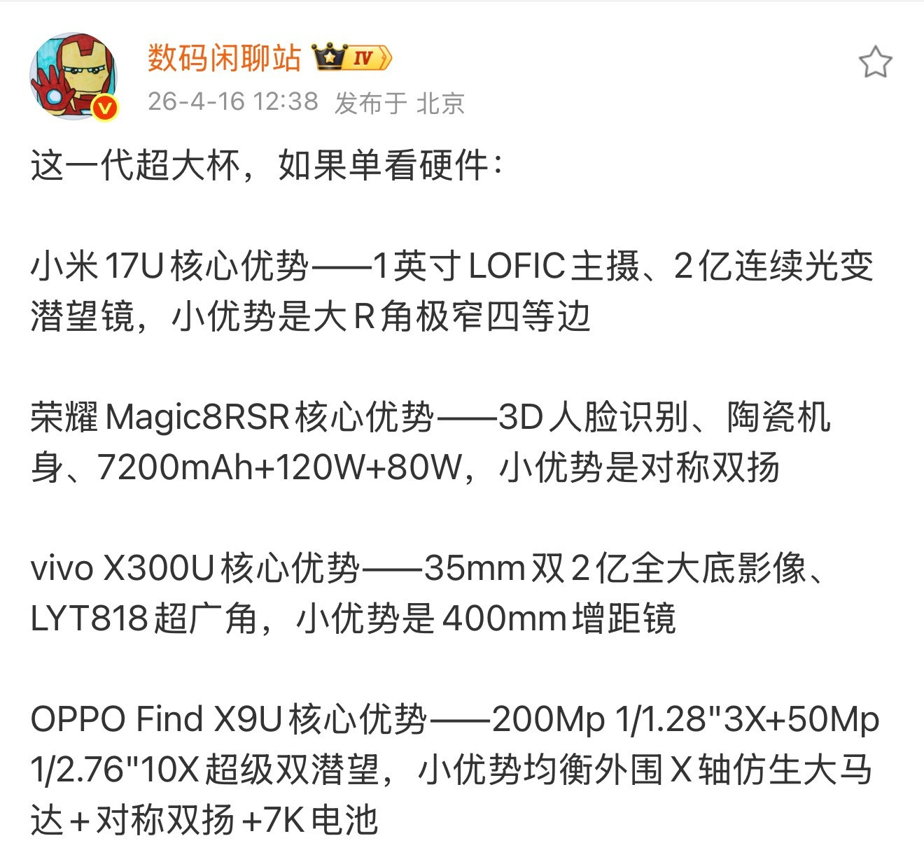 数码闲聊站发了一条对比ovmh超大杯的帖子，不出意外评论区又吵翻了。这几个超大杯
