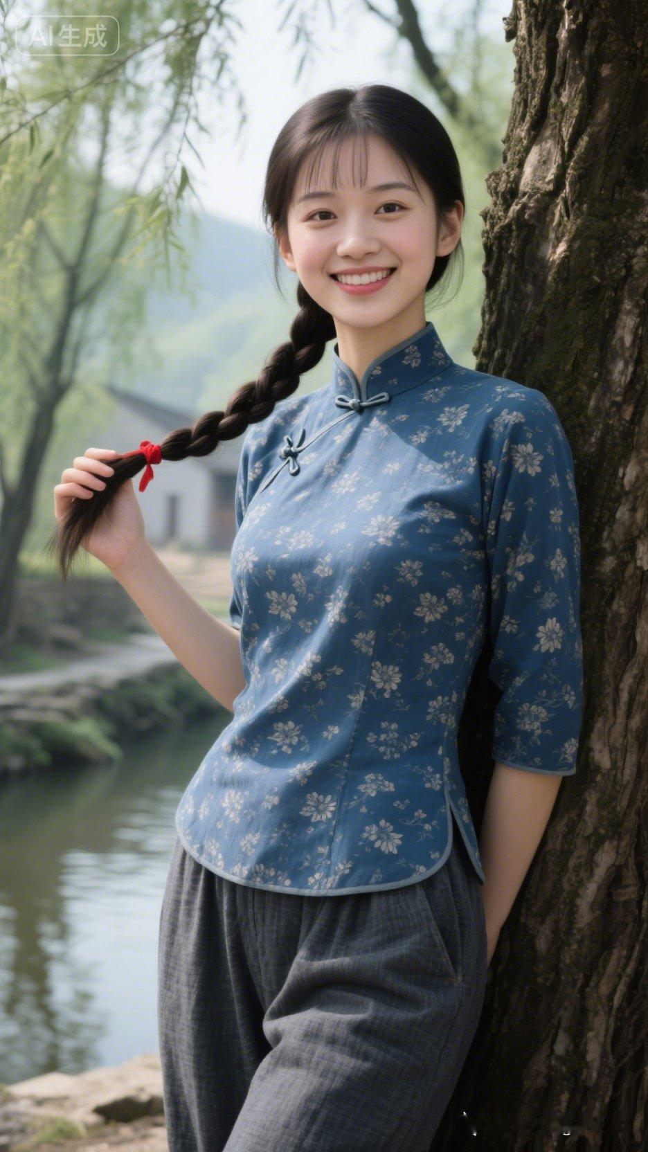 古风少女倚树微笑，蓝花旗袍尽显优雅。