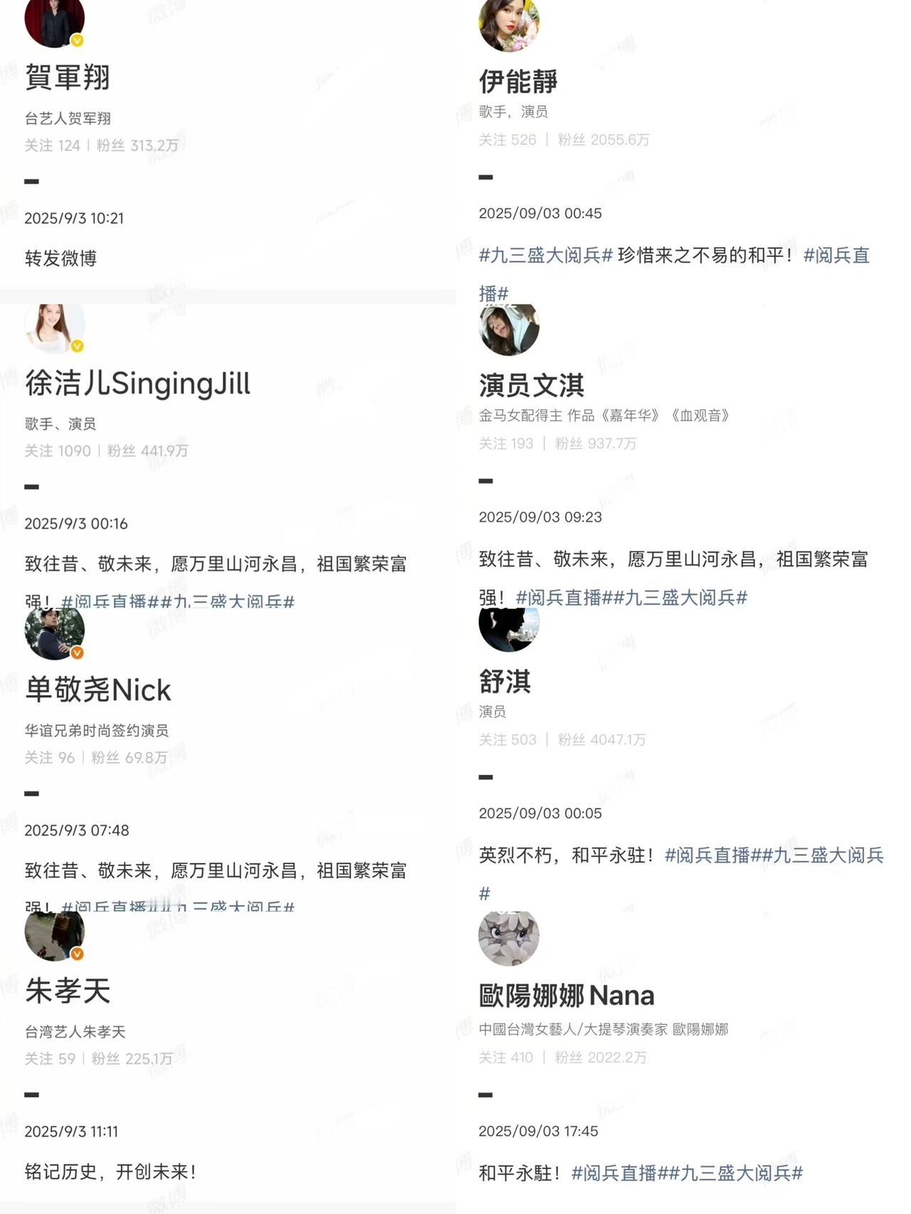 央视新闻这次还是老规矩来了一波阳谋，把敢于转发胜利日的湾湾明星又亮了出来，其中包