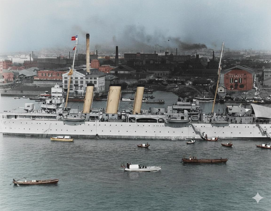 这张照片记录的是20世纪20年代，英国皇家海军肯特号重巡洋舰停泊在上海黄浦江畔，