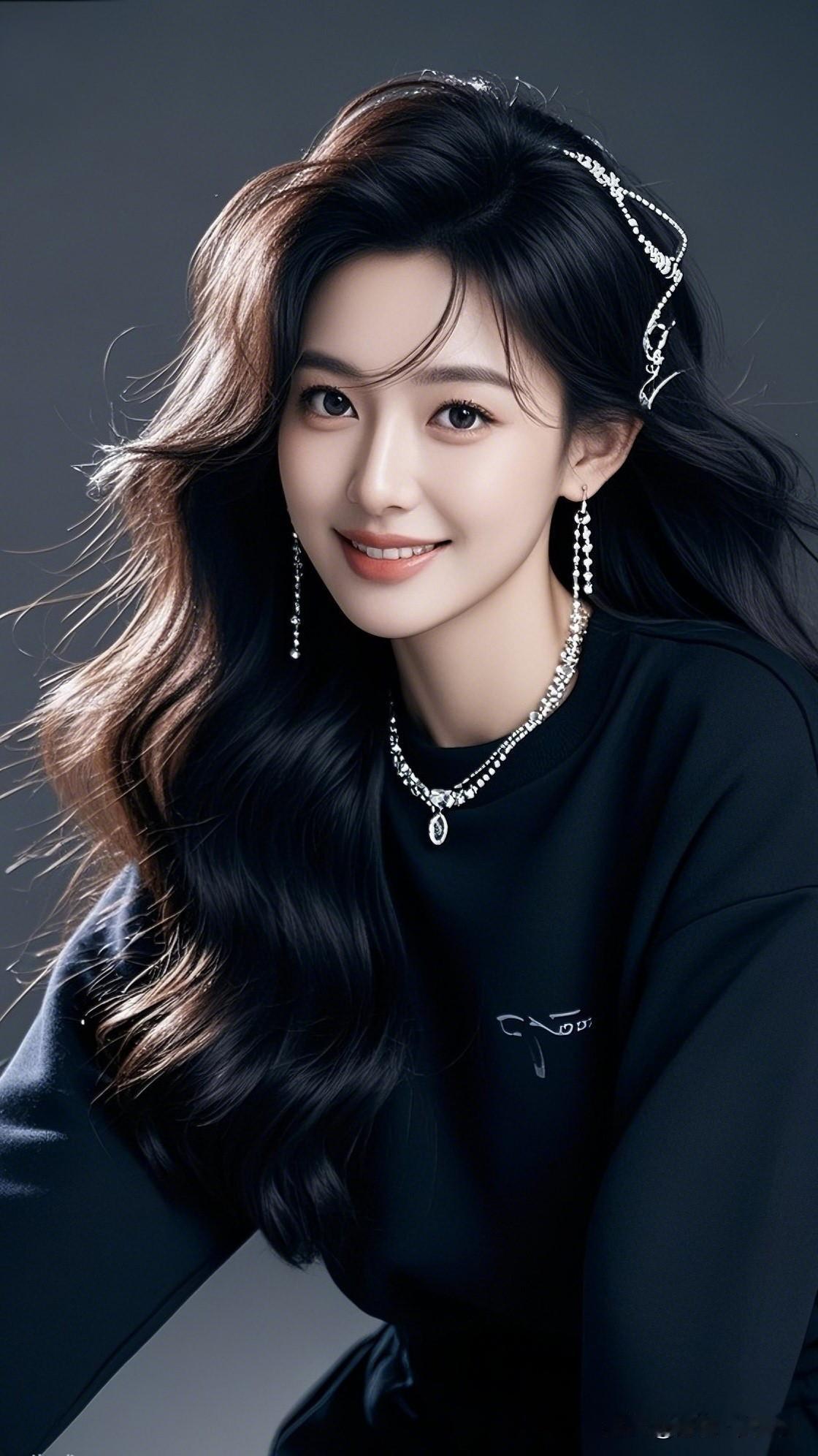 温柔甜美的少女，黑发配饰点缀，微笑动人！🌸💖✨