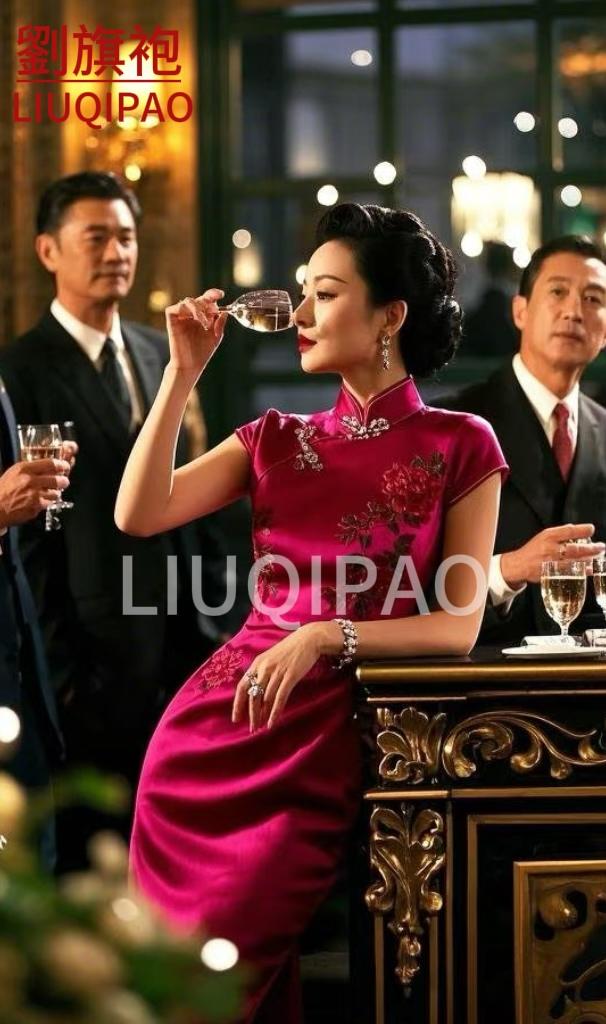 一位女士在晚宴上优雅地品酒。