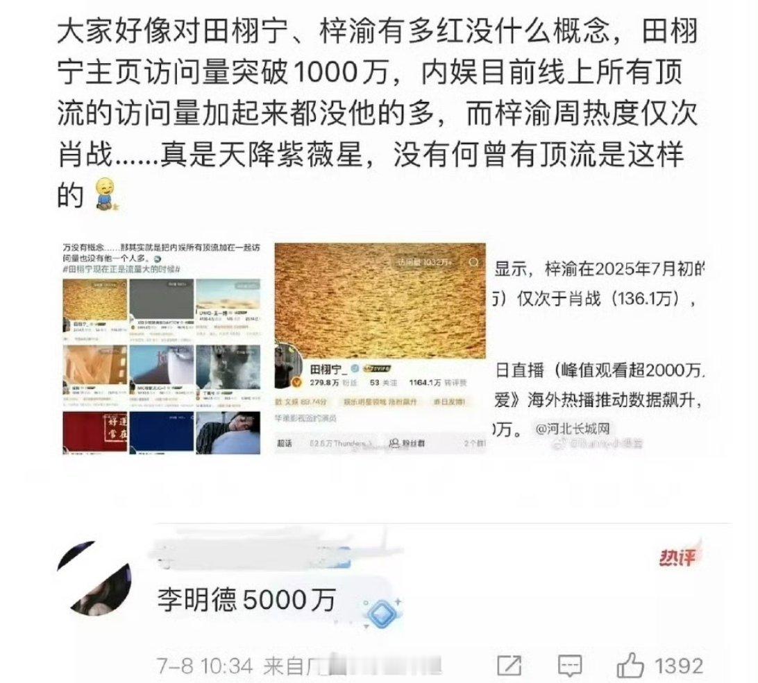 居然有人说大家对田栩宁、梓渝的红没有概念，田栩宁主页访问量超过1000万，目前内