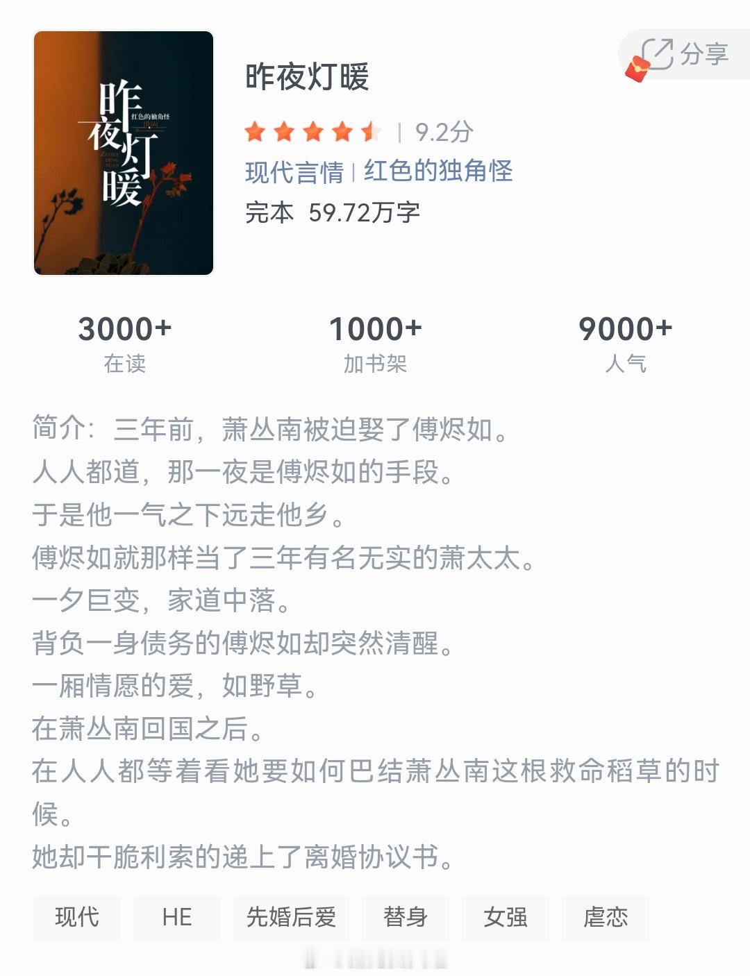 《昨夜灯暖》作者：红色的独角怪三年前，萧丛南被迫娶了傅烬如。人人都道，那一夜是傅