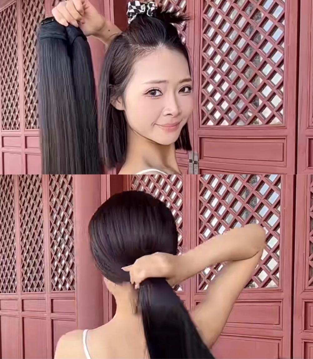 女明星的发量都是这么来的吗？现实中实用吗？把自己的头发梳起个揪儿，假发蒙面