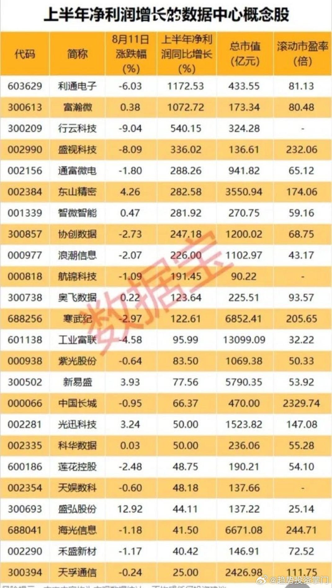 上半年净利润增长的数据中心概念股票