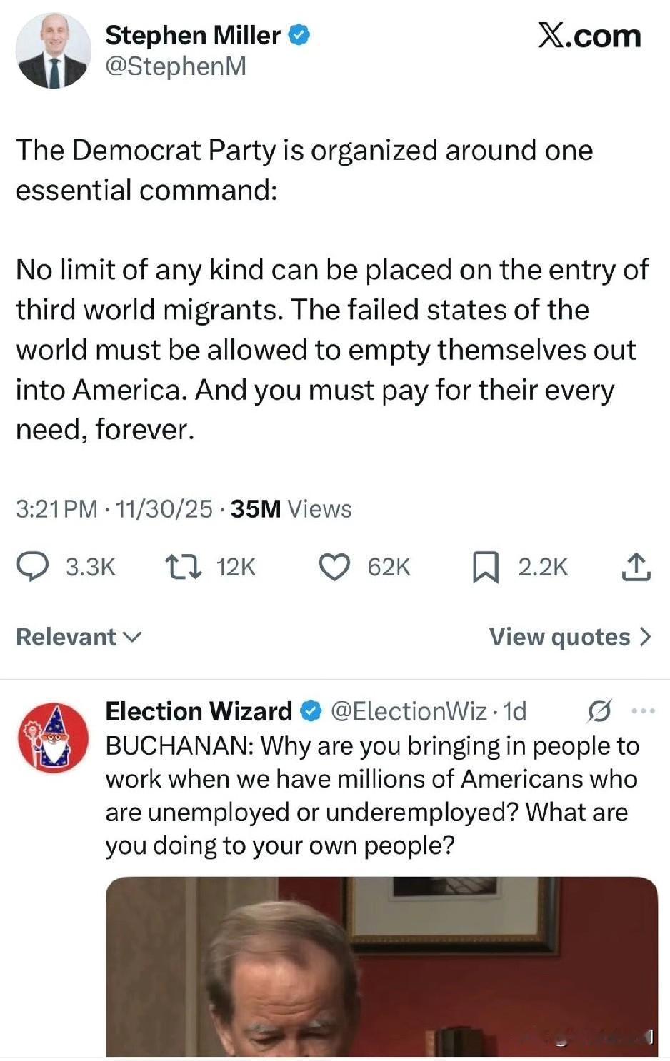 米勒說：＂民主党是围绕着一条根本指令组织起来的，那就是：对第三世界移民入境绝不能