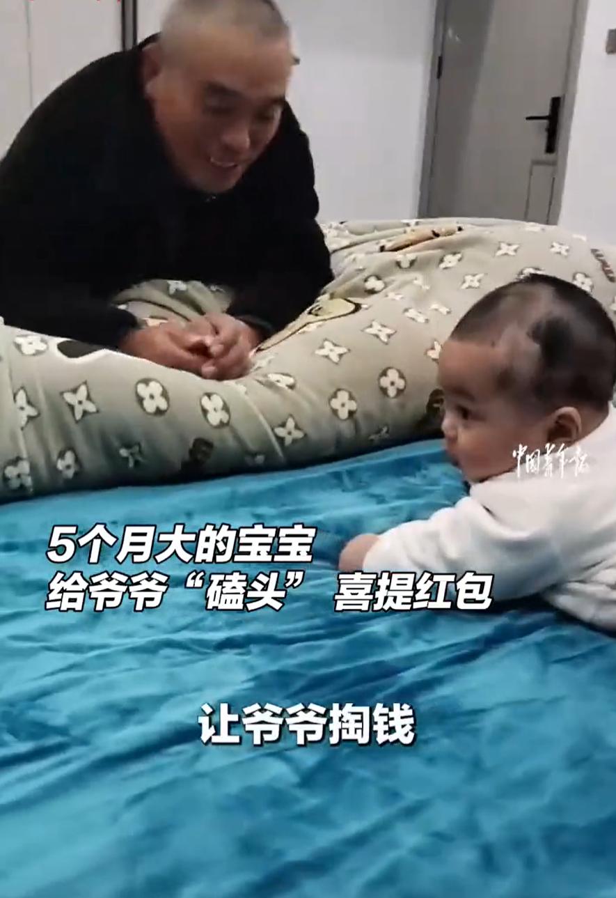 河南周口，一名五个月大的宝宝在家里连抬头，没成想，爷爷看到后却觉得这是在磕头，连