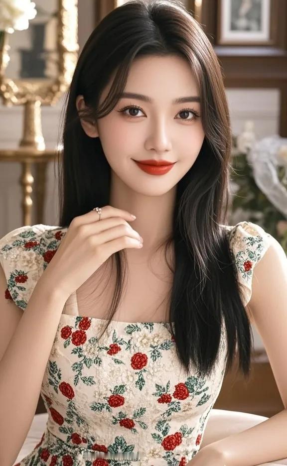 温柔甜美的少女，红唇轻启，花裙飘逸，优雅动人