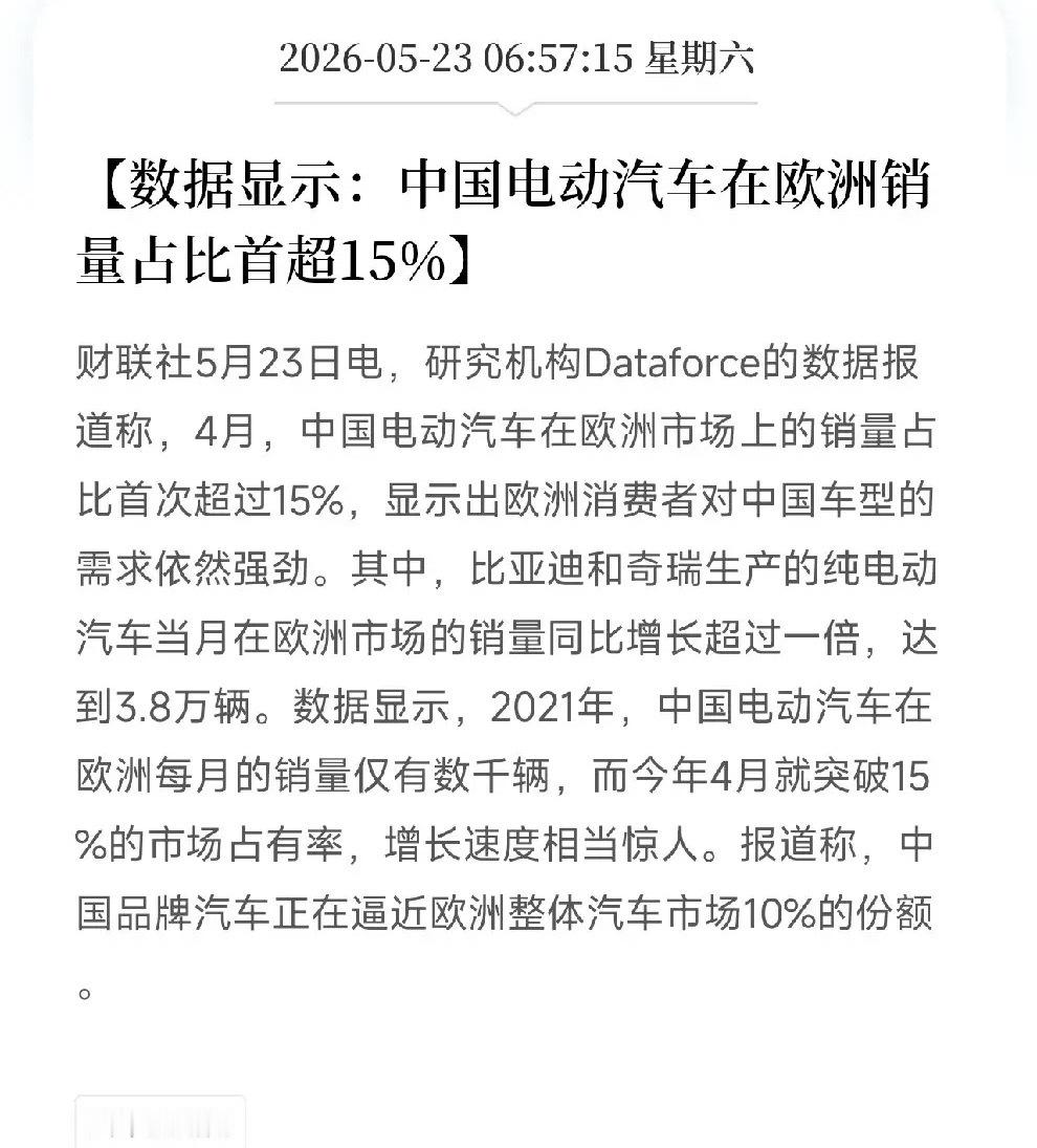 从月销几千到市占率15%，中国电动车只用了五年，欧盟加税也拦不住刚看到一个德国汽
