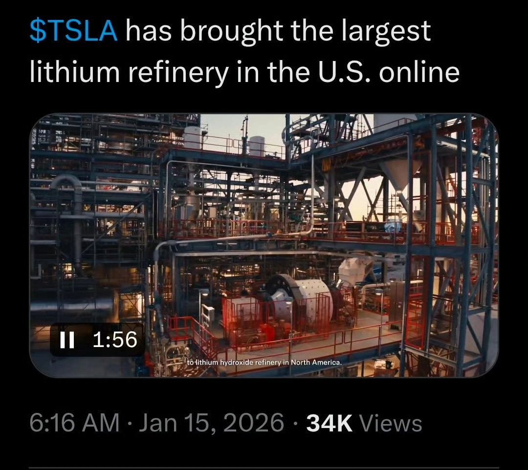 特斯拉在德克萨斯的锂精炼厂是北美首个将原始锂矿石直接转化为电池级锂氢氧物的工厂。