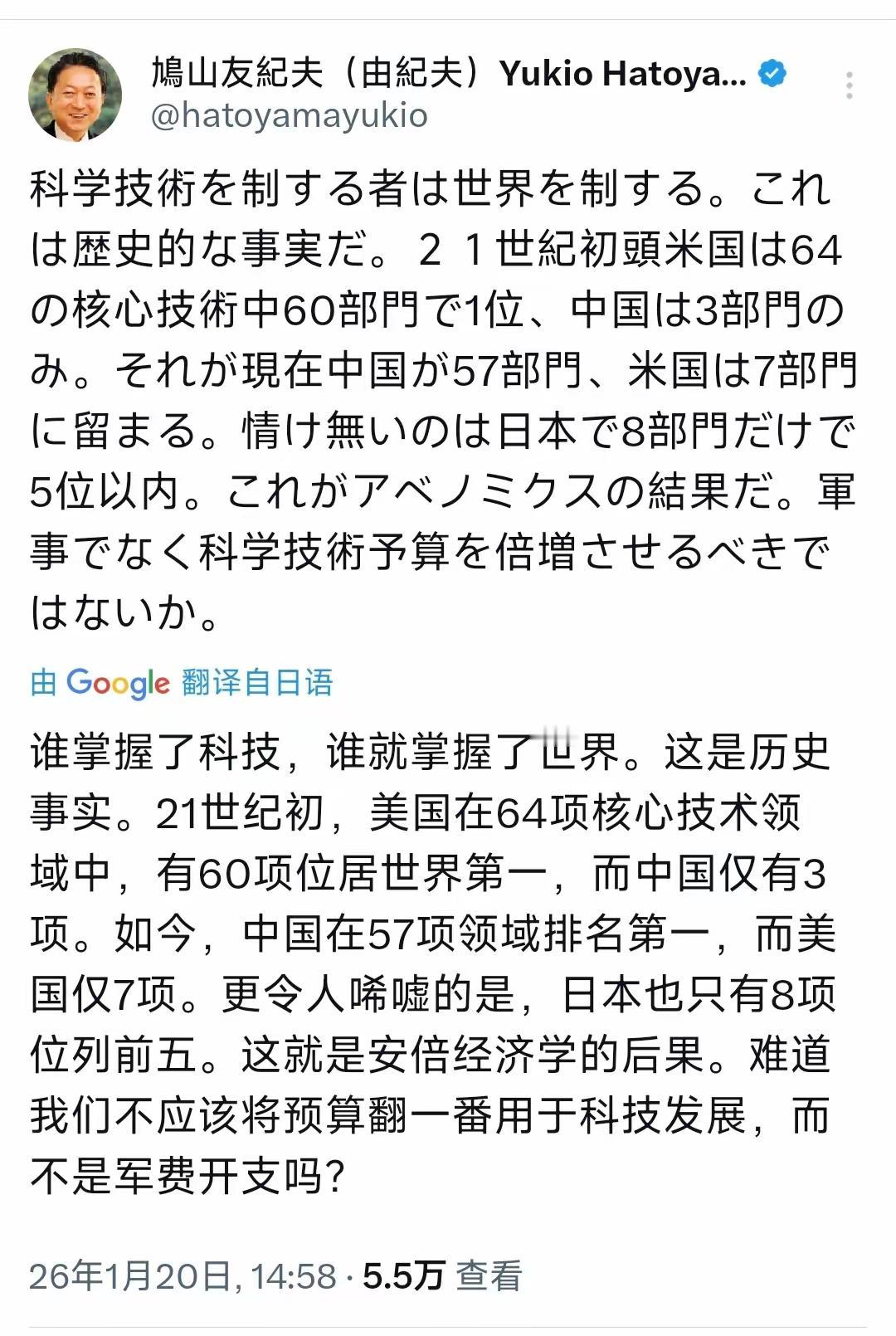 日本前首相鸠山由纪夫今天（1月20日）发文写道：“谁掌握了科技，谁就掌握了世界。
