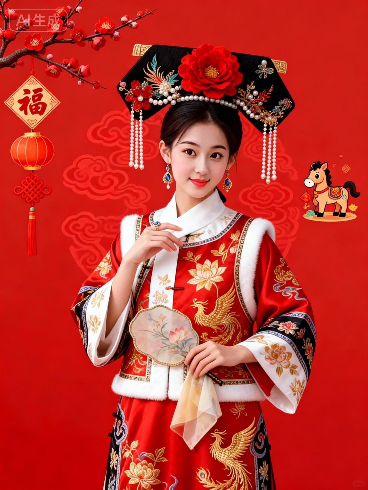 新年福气满满，红衣美人笑语盈盈