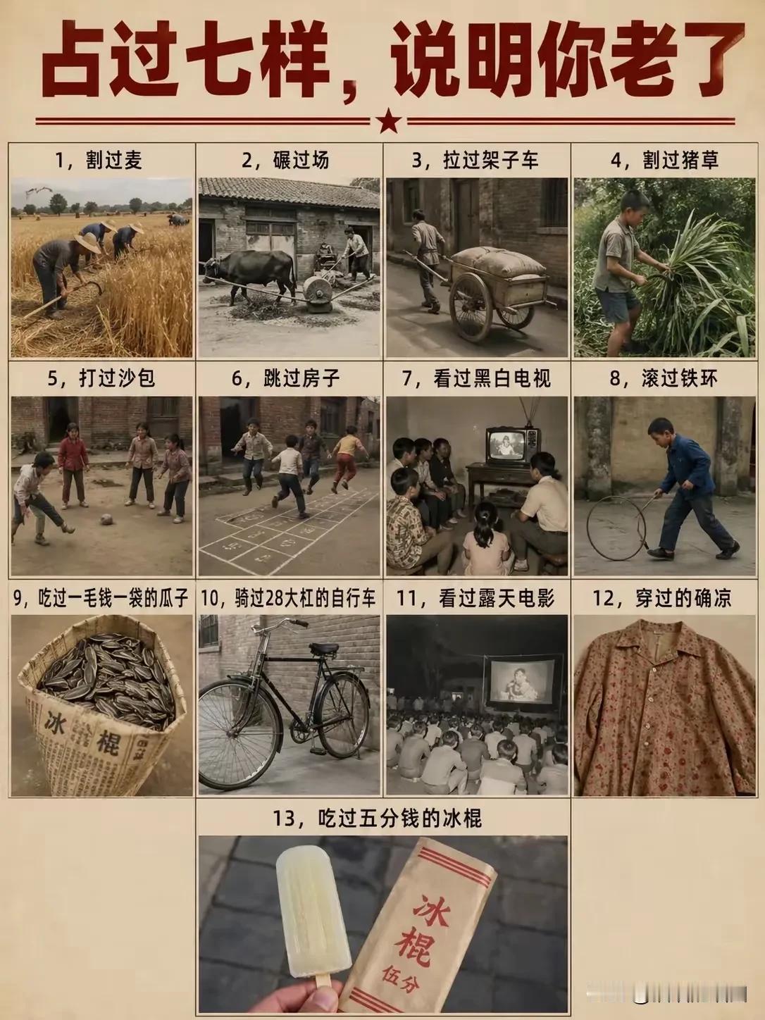 八零年代的人，十三个全部占了，还有的是偷过地里的瓜、下过河摸鱼、看露天电影、睡过