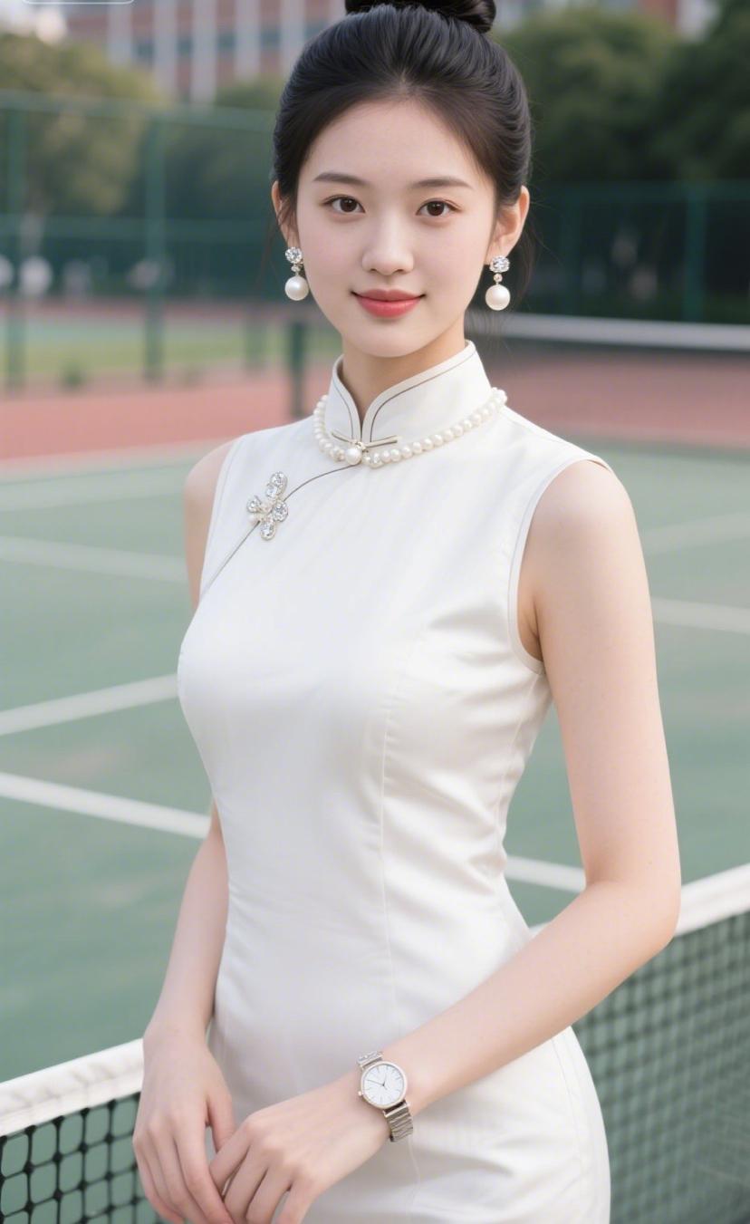优雅网球少女，白色旗袍搭配珍珠饰品，尽显东方韵味。