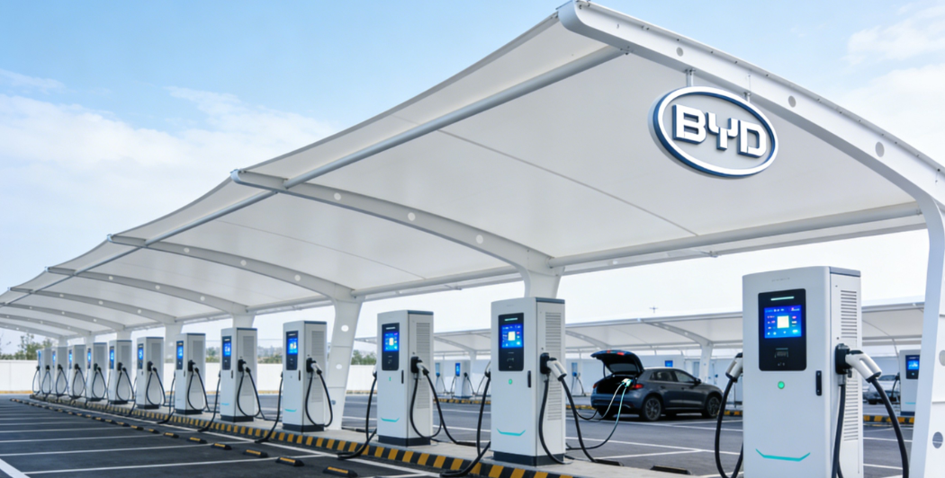 比亚迪超充站慢储快充原理：平时用低功率电网慢慢给储能柜充满电，高峰期集中大功率