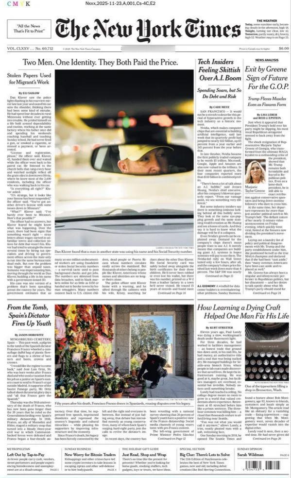 《纽约时报》头版报道称，美国科技业内人士对人工智能热潮感到不安，支出飙升，但债