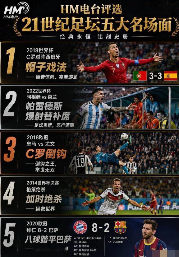 HM电台评选的21世纪足坛五大名场面，谁心中的NO1是哪个？18世界杯C罗天