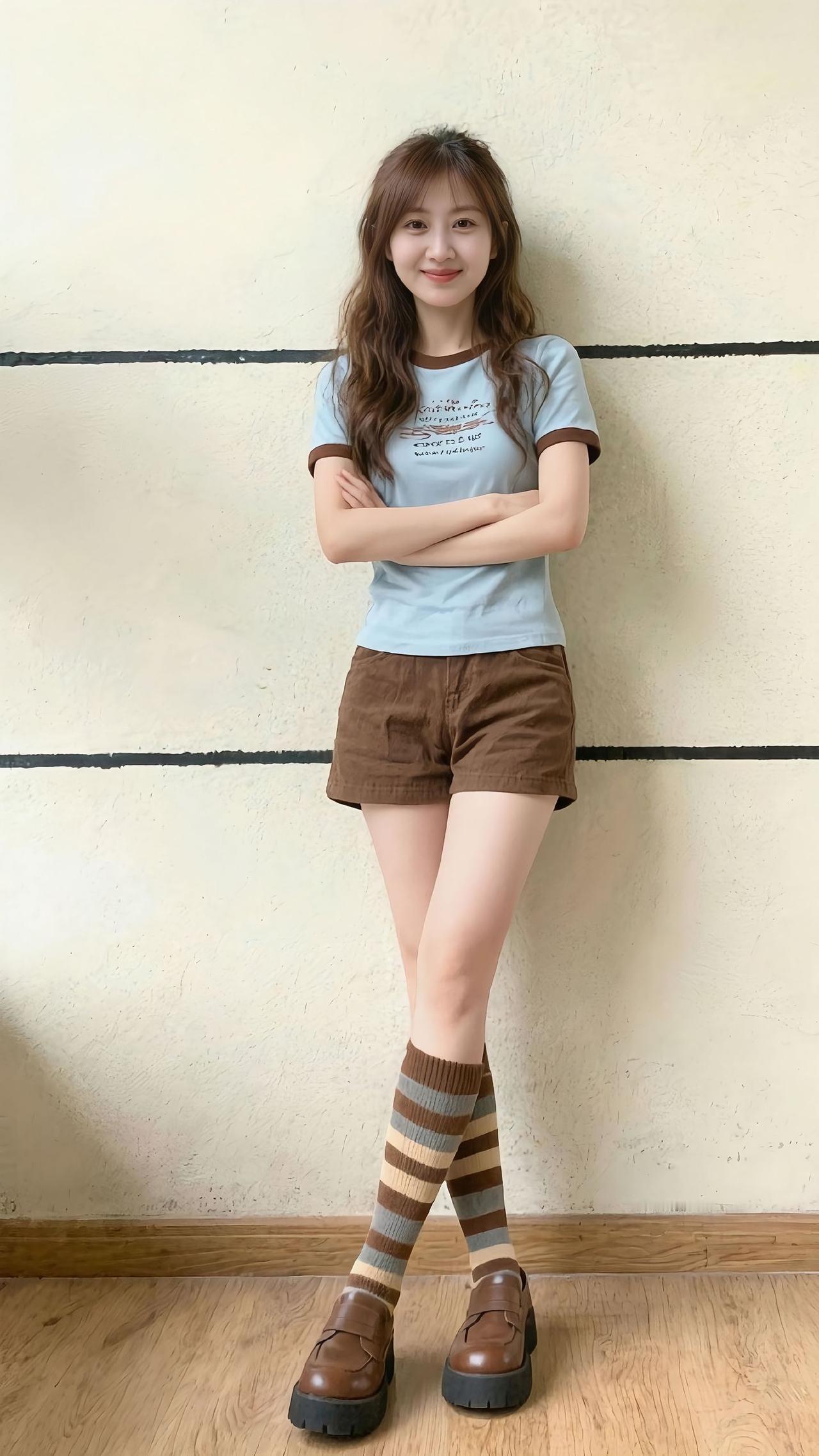 夏日穿搭指南：清新T恤+短裤+条纹袜，轻松出街！