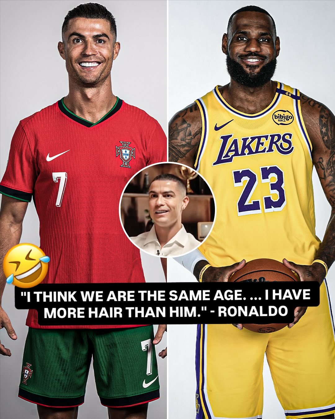 C罗说“我和詹姆斯年龄一样大，但是我头发比他多”。当我看到图二的时候，发现C罗所