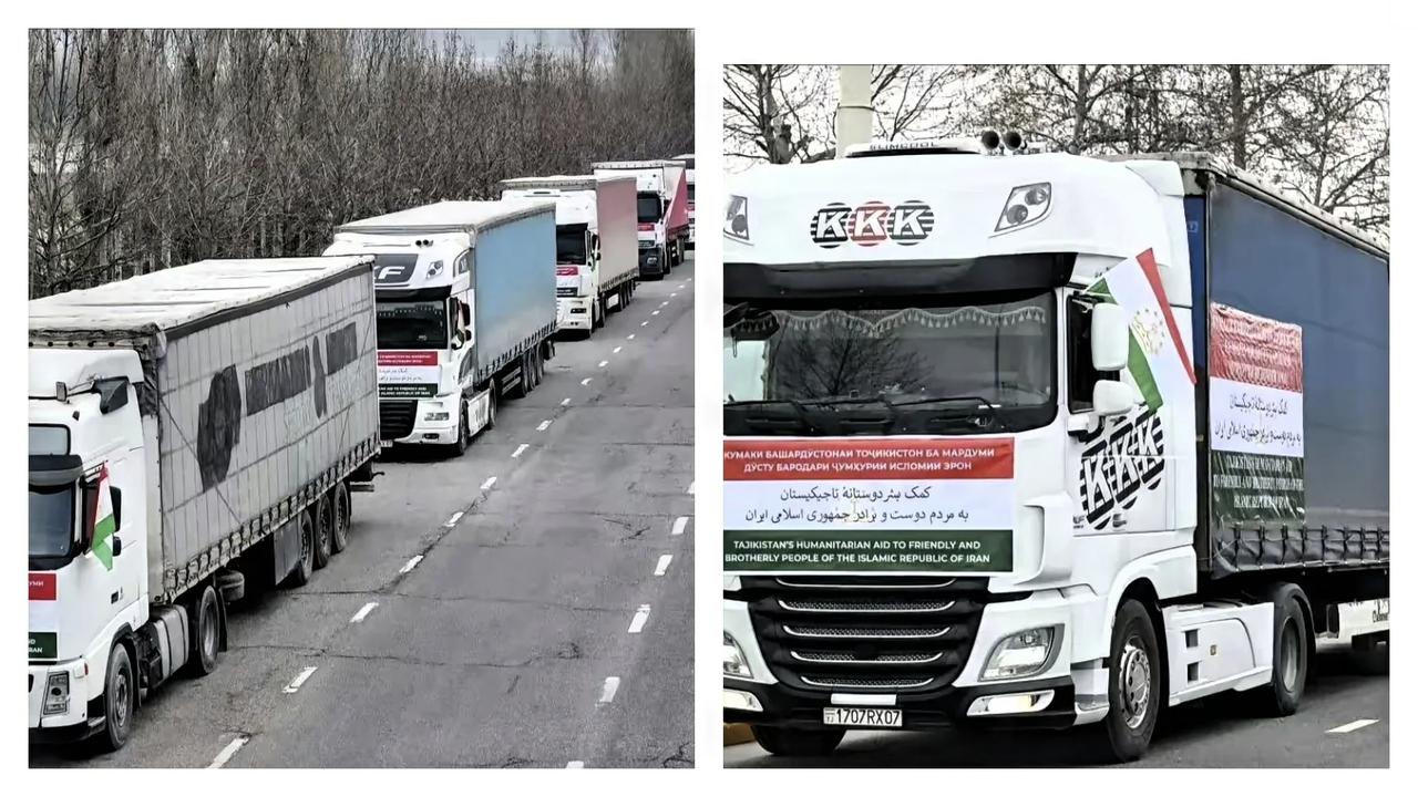 由110辆大卡车组成的塔吉克斯坦人道主义援助车队昨天启程前往伊朗。在伊朗深