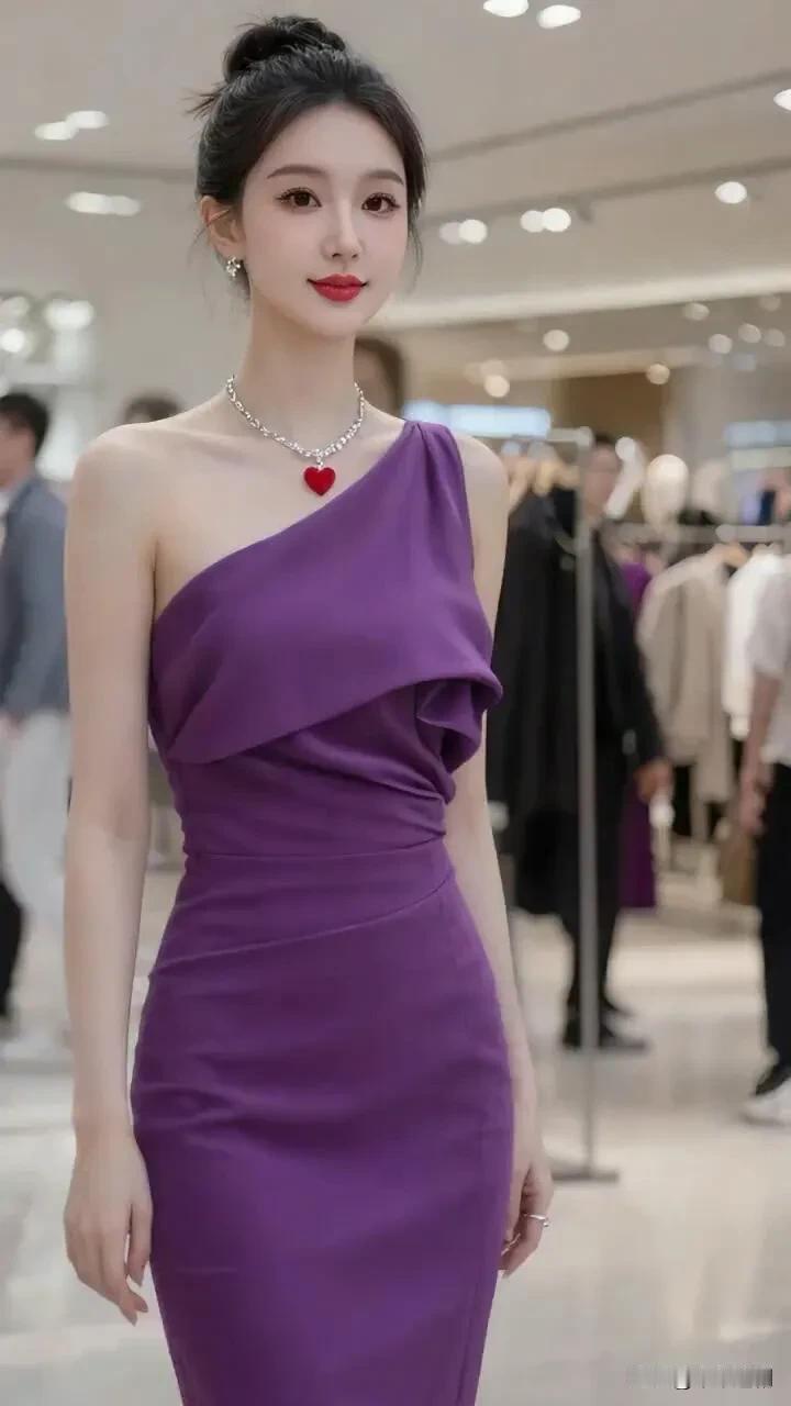 深紫斜肩裙衬出利落线条，颈间红心跳动在钻链中央。盘发与红唇相映，在商场的暖光里，