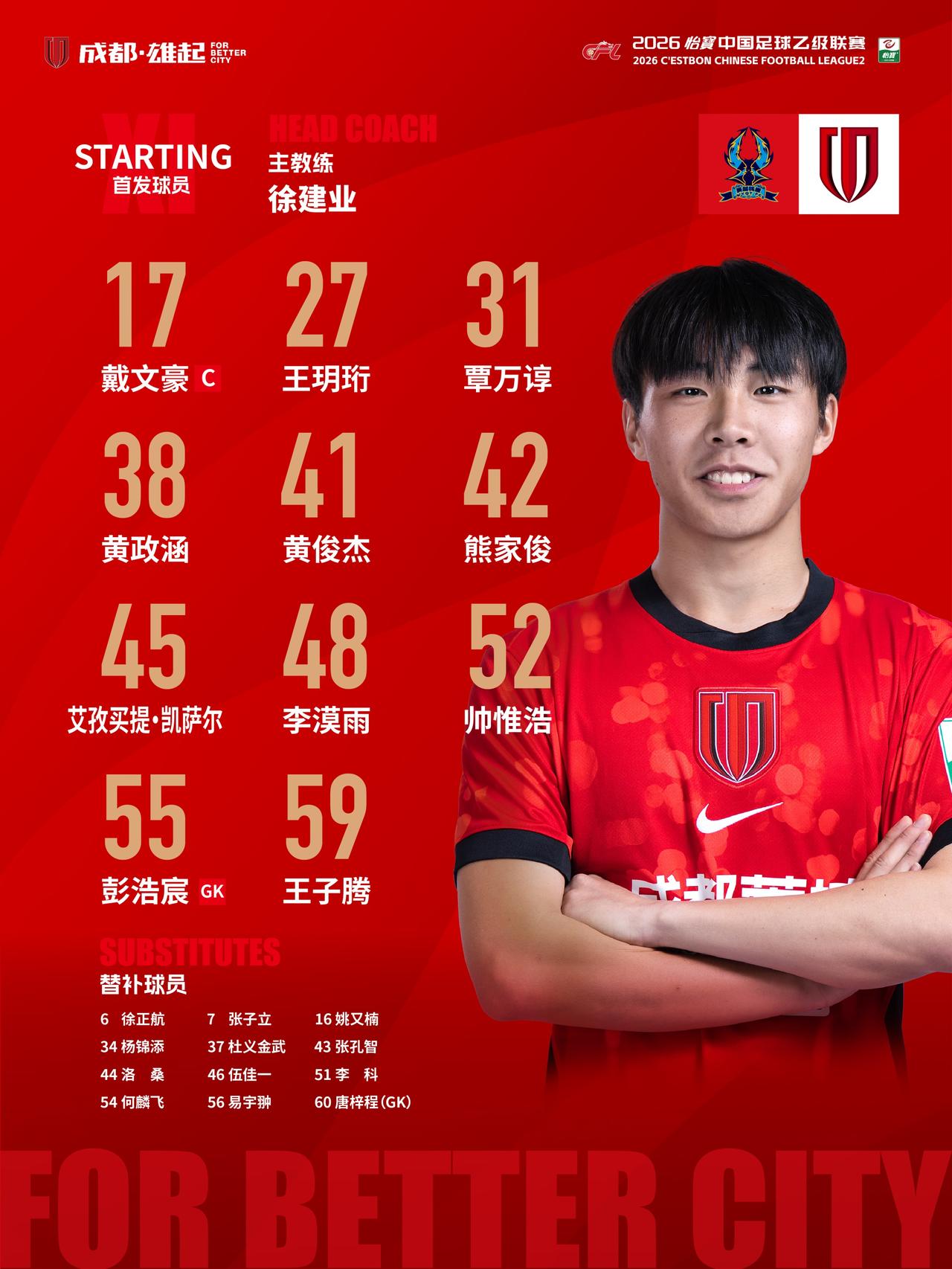 比赛首发名单出炉！蓉城青年军，雄起！