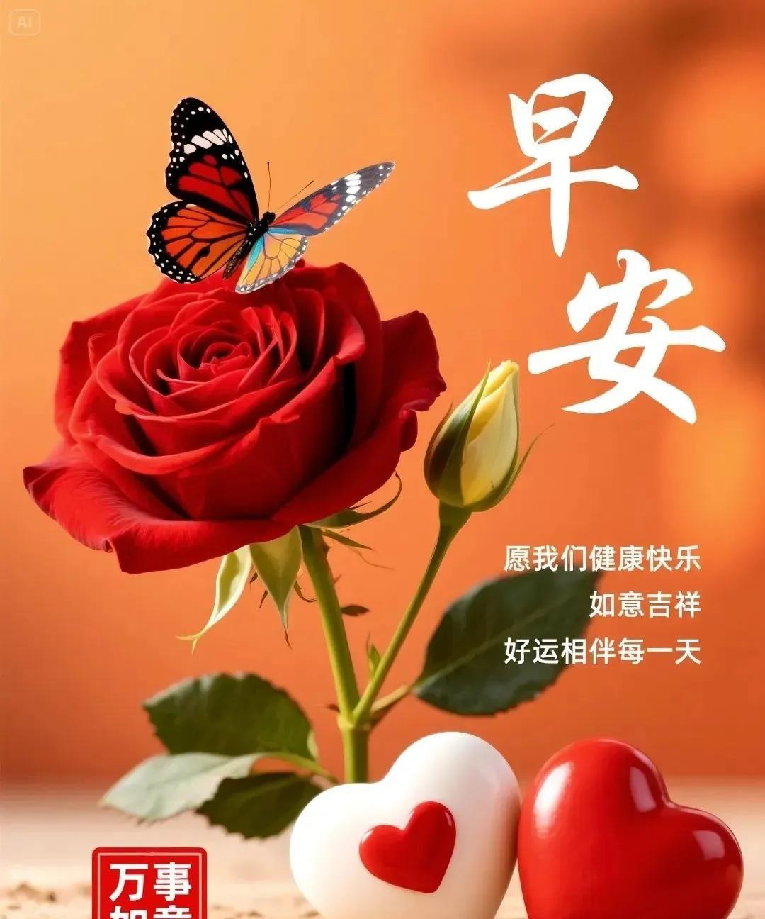 早安吉祥！幸福清晨把门敲，快乐冲你微微笑；绮丽风光寄美好，好运轻轻身边靠，日子