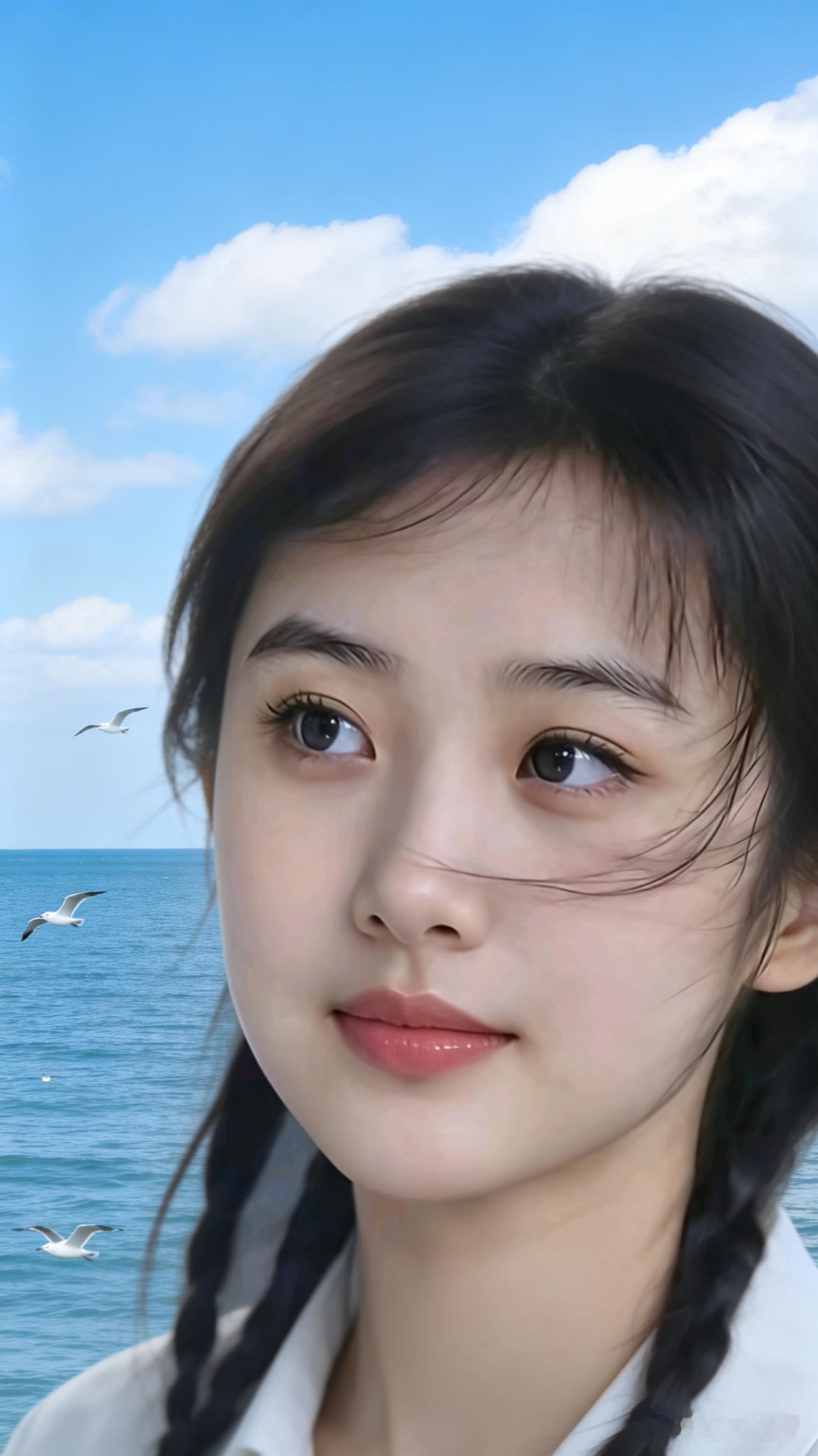 美女面容似娇花，眉眼盈盈人人夸。碧海蓝天衬倩影，海鸟纷飞韵更佳。如此风姿谁不爱，