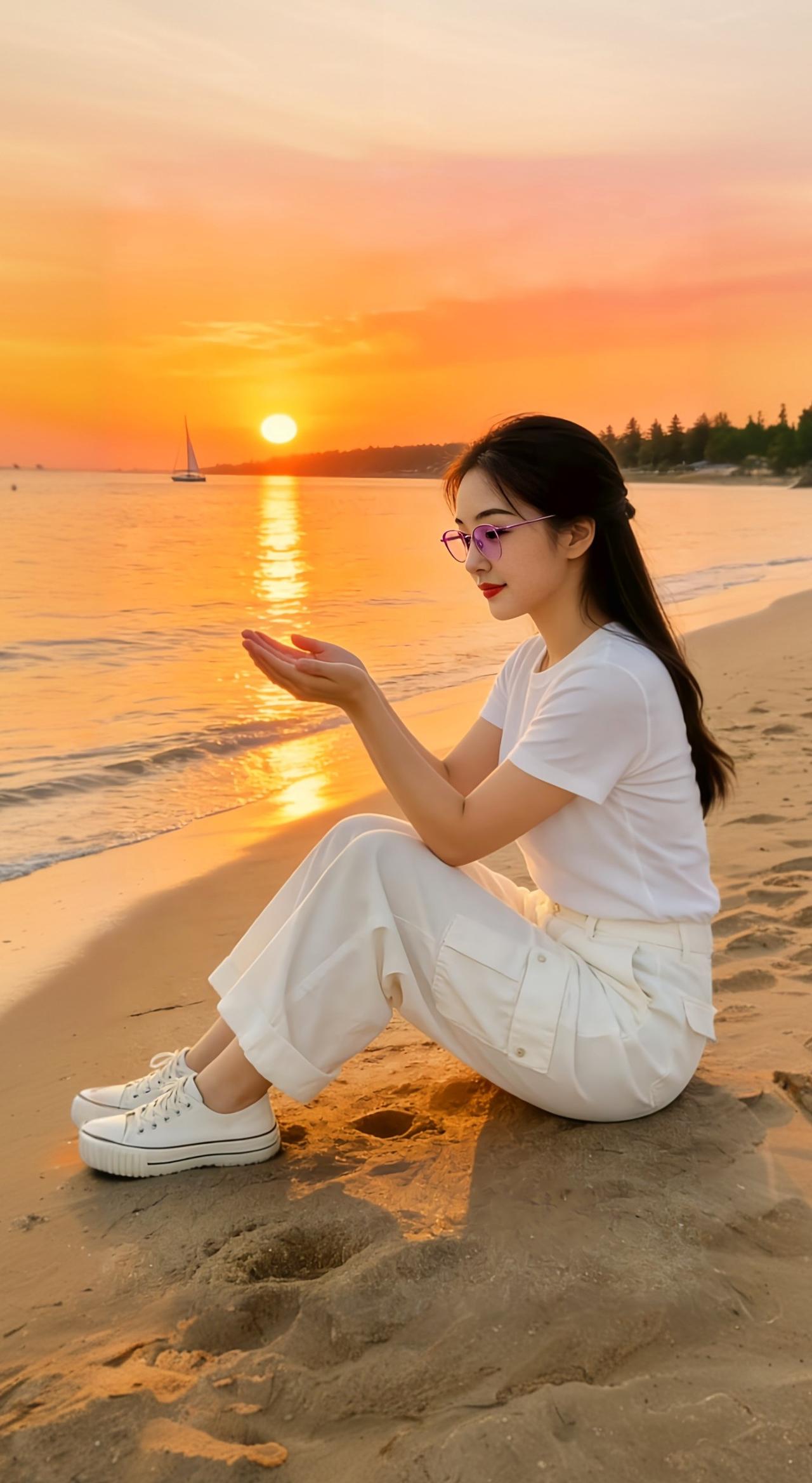海边日落，静坐沉思，享受宁静时光。