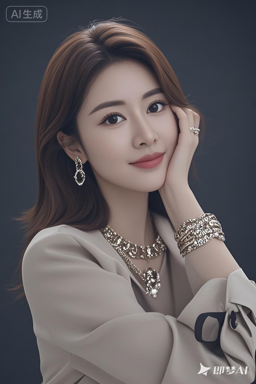 人美，棕色中长发，，大大的眼睛，双眼皮，高鼻梁，衣着时尚品牌，戴有饰品，女老板。