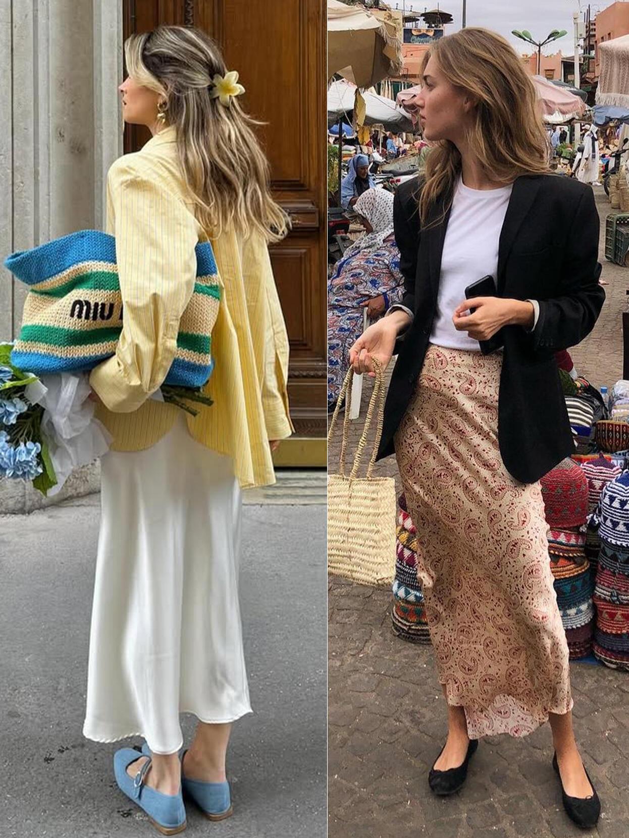 优雅又气质，这才是春夏半裙的正确打开方式！缎面白裙配黄衬衫，温柔松弛感拉满；印花