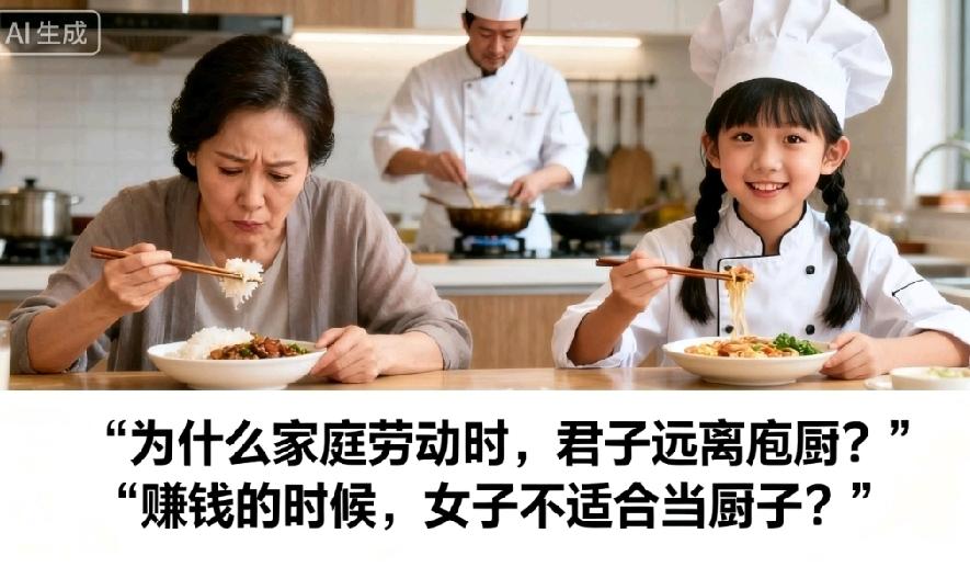 女儿问爸爸：为什么就这么双标呢？家庭劳动时：君子远离庖厨赚钱的时候：女子不适