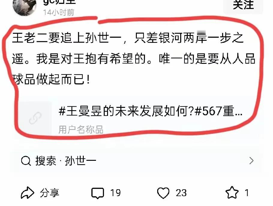 这位网友的小作文里不仅称王曼昱为王老二，还称其离孙颖莎只有银河两岸一步之遥。说实