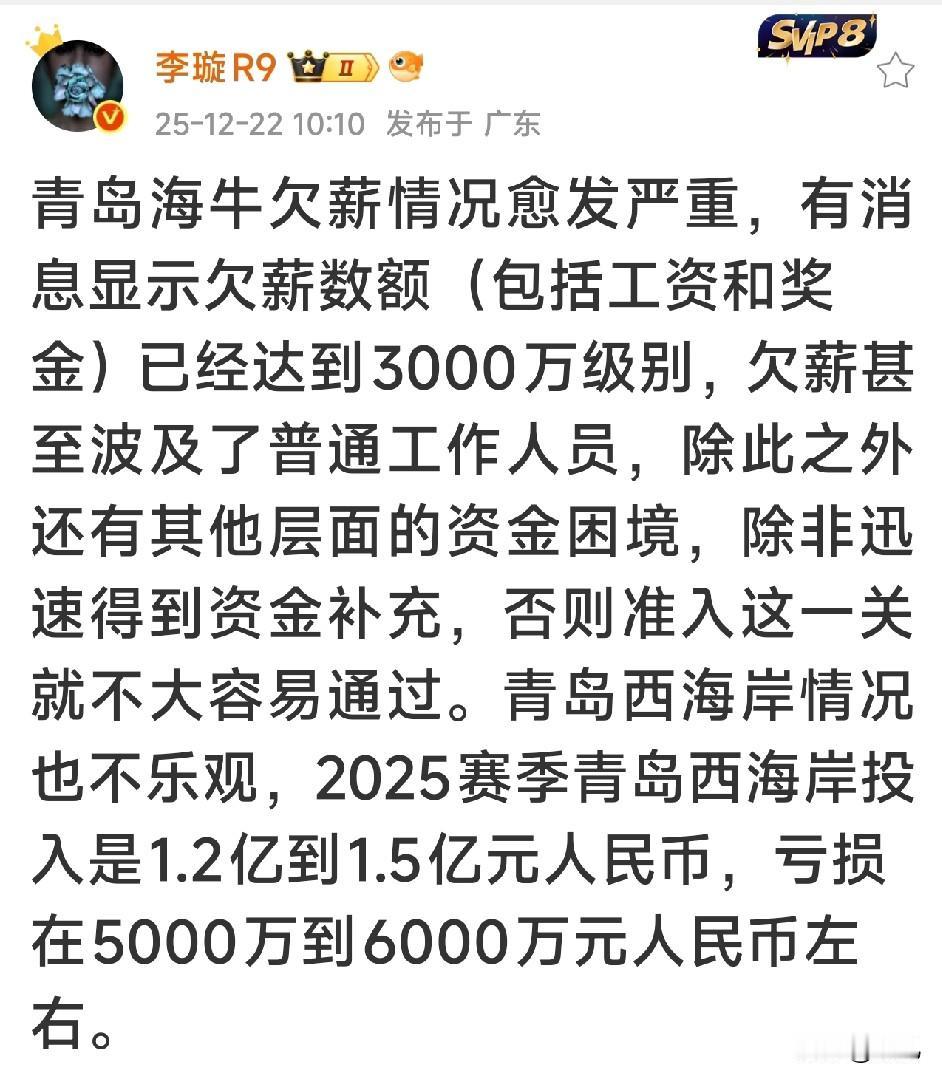 记者李璇称青岛海牛欠薪3000万元，中超准入不容易了，而青岛西海岸亏损严重。李