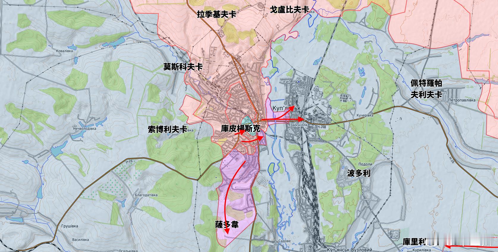 更新庫皮楊斯克城區戰鬥1.城區最後防禦的烏軍已經被完全包圍。2.俄軍渡河,由